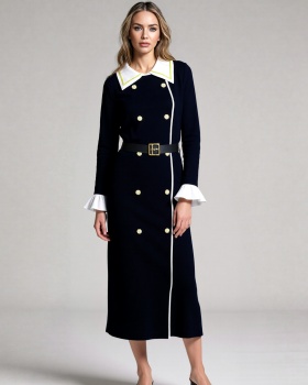 Double-breasted fashion with belt lapel mixed colors dress