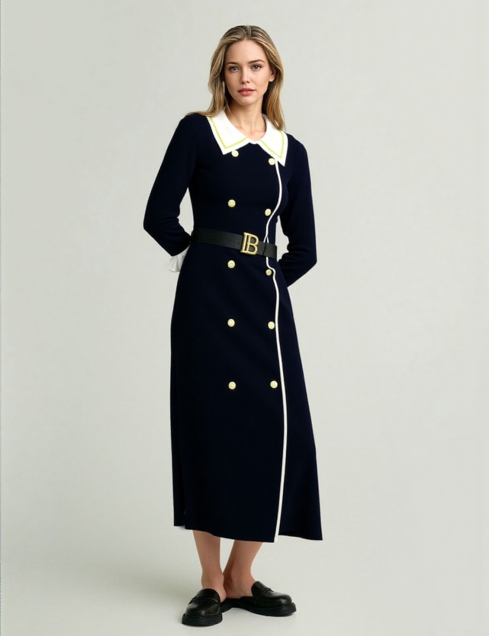Double-breasted fashion with belt lapel mixed colors dress