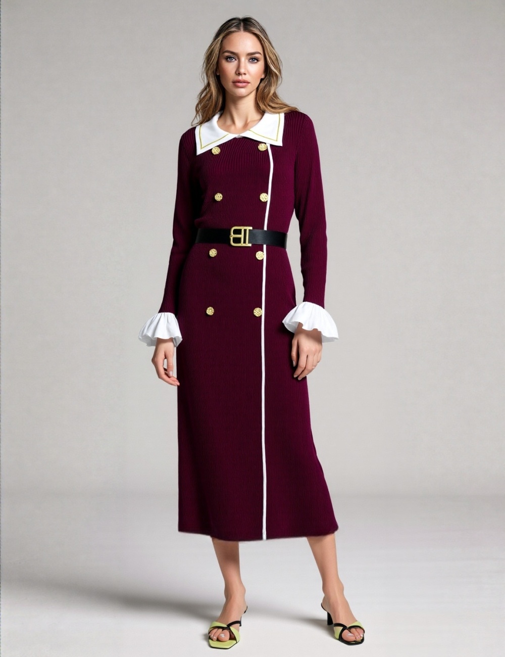 Double-breasted fashion with belt lapel mixed colors dress