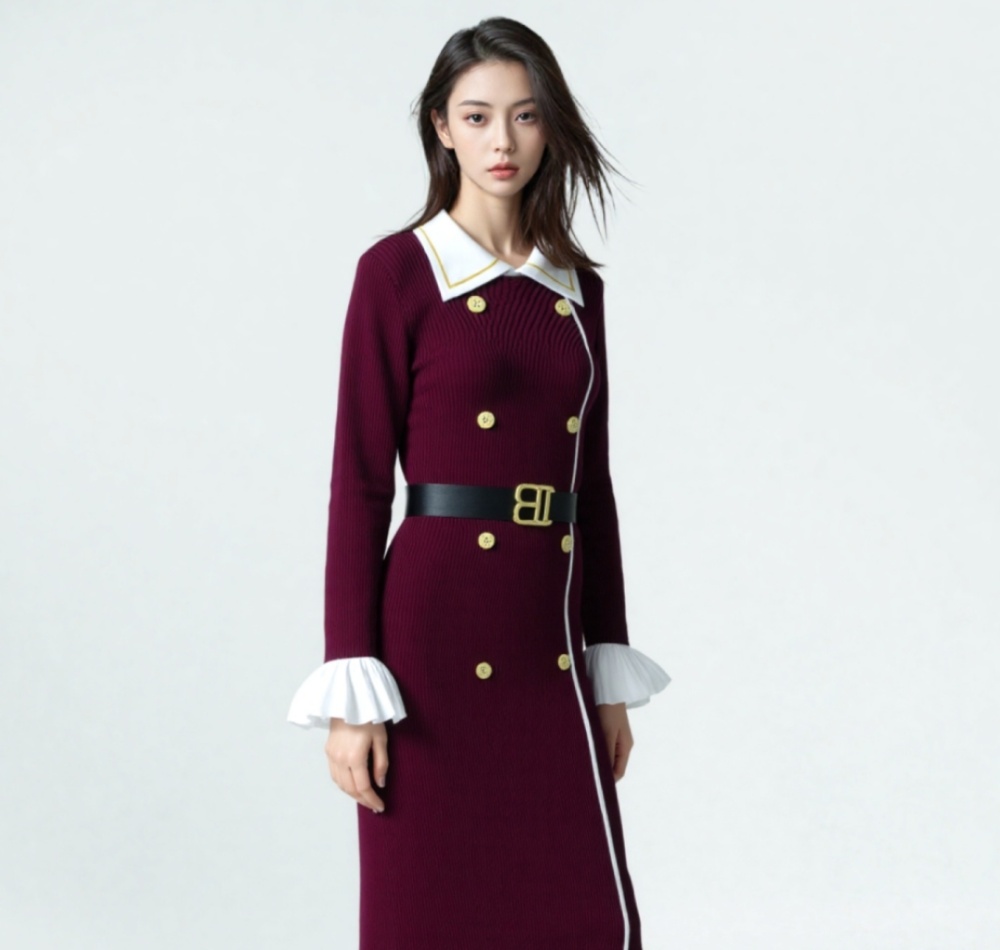 Double-breasted fashion with belt lapel mixed colors dress