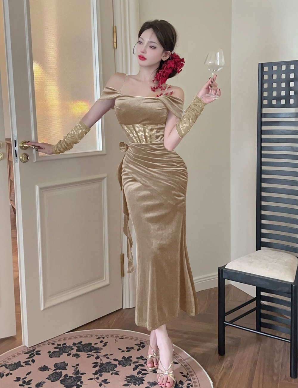 Mermaid sling dress flat shoulder evening dress