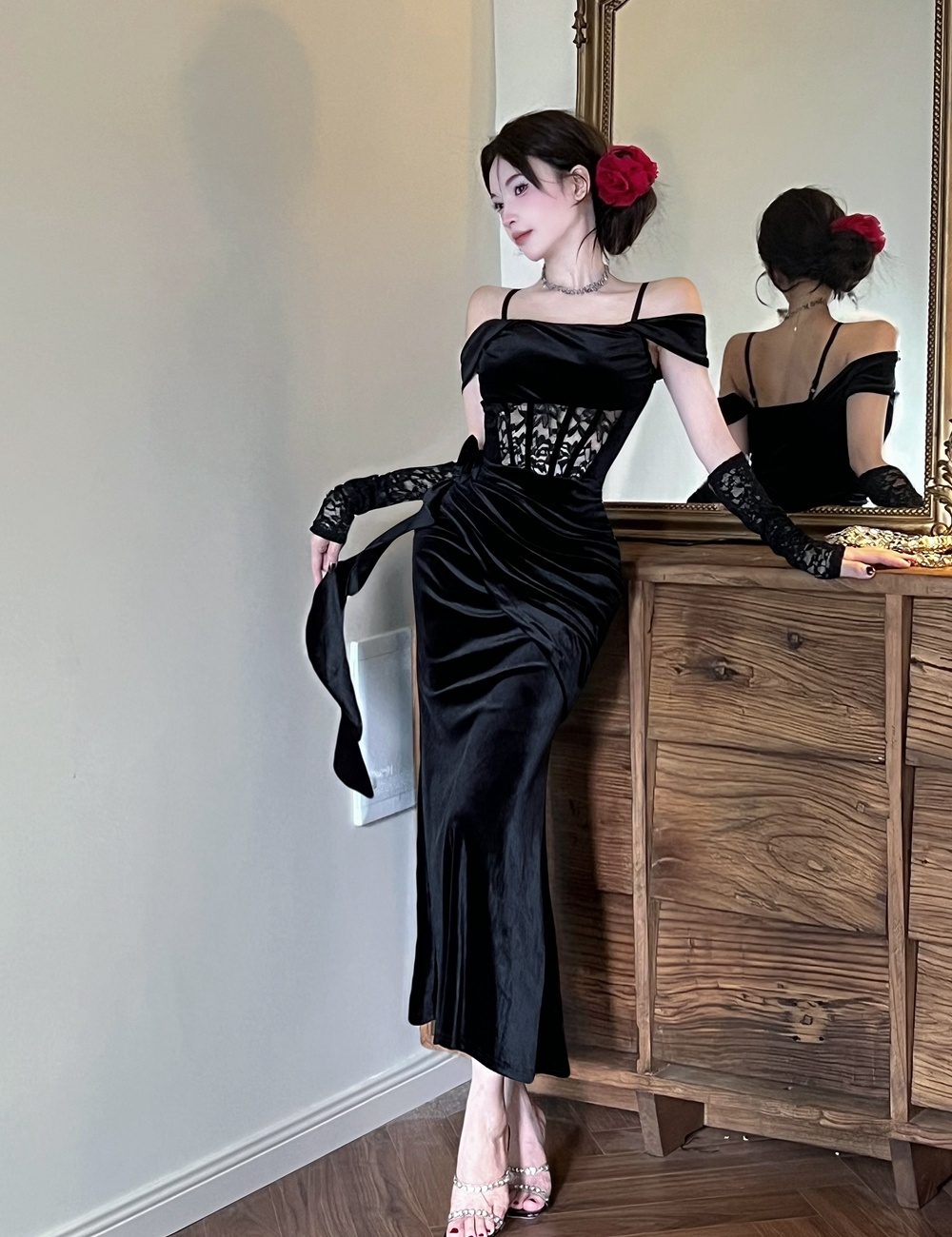 Mermaid sling dress flat shoulder evening dress