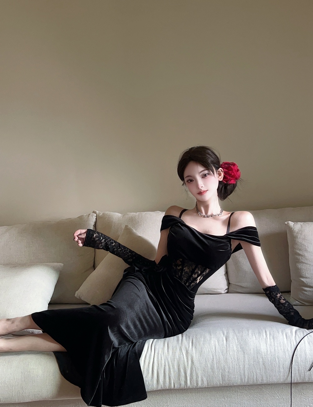 Mermaid sling dress flat shoulder evening dress