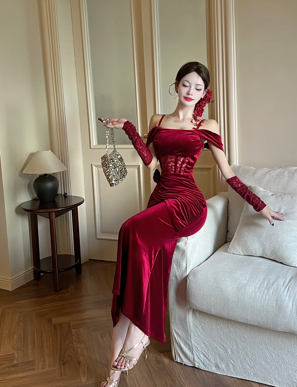 Mermaid sling dress flat shoulder evening dress