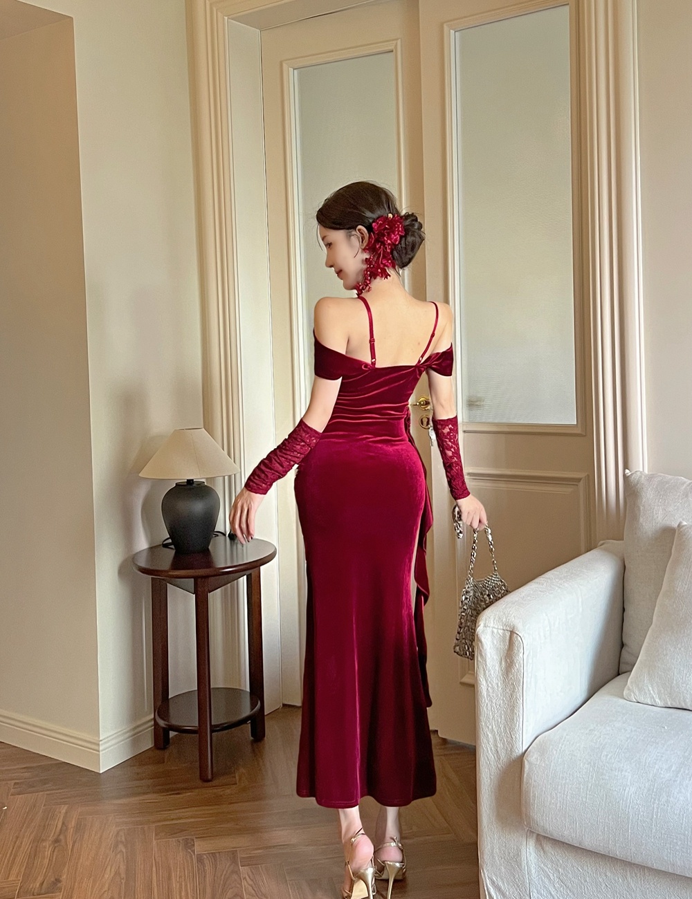 Mermaid sling dress flat shoulder evening dress