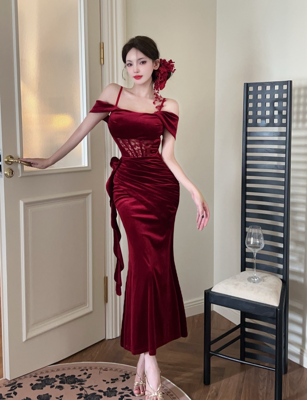 Mermaid sling dress flat shoulder evening dress