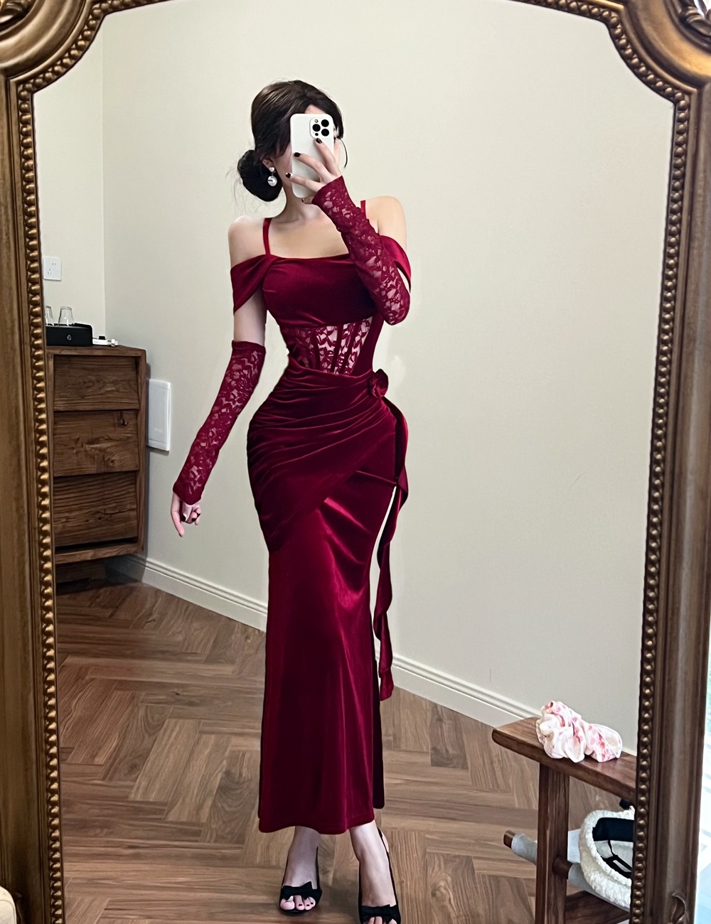 Mermaid sling dress flat shoulder evening dress