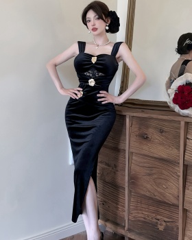 Sling velvet sexy dress rose gold buckle split formal dress