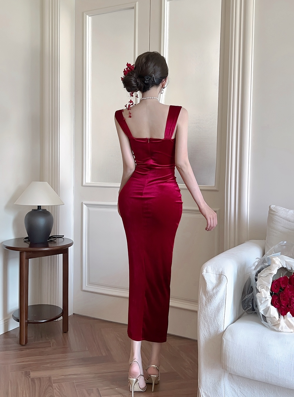Sling velvet sexy dress rose gold buckle split formal dress
