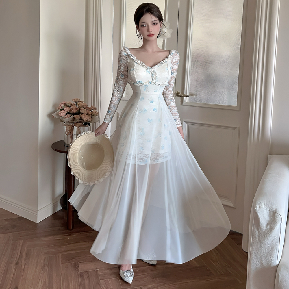 Lace long sleeve dress big skirt splice long dress