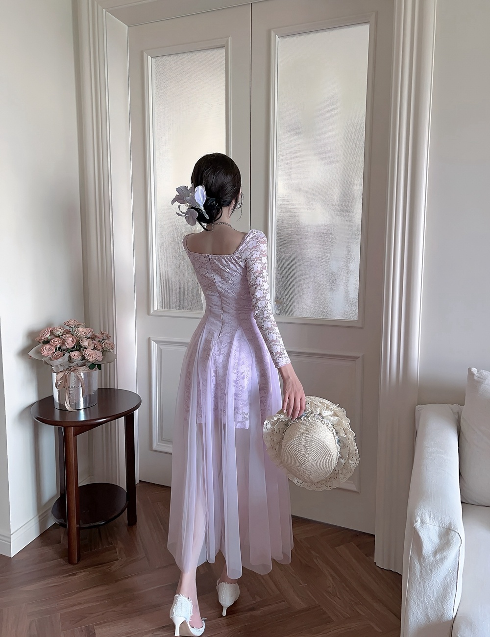 Lace long sleeve dress big skirt splice long dress