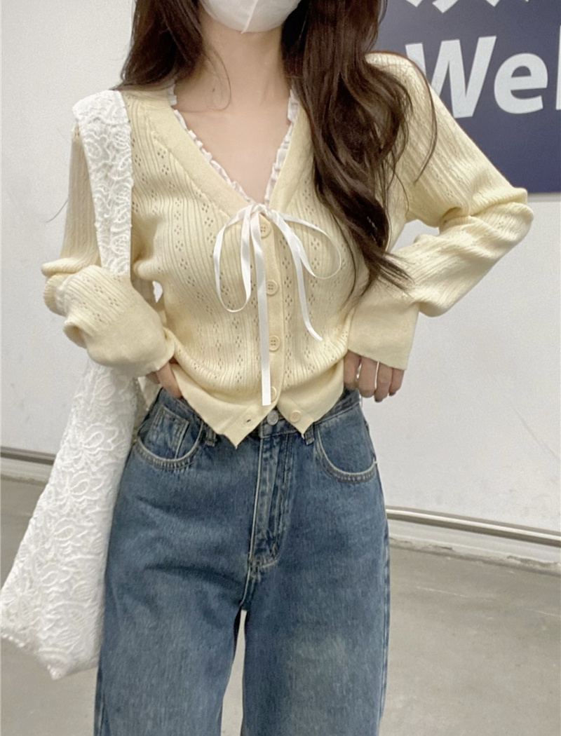 Lace V-neck show young cardigan short enticement tops