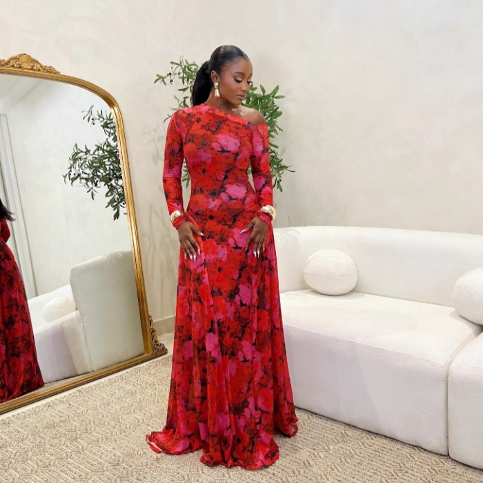 Sloping shoulder elasticity long dress pinched waist dress