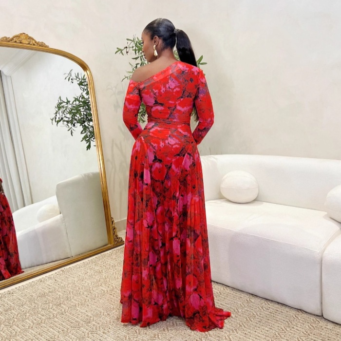 Sloping shoulder elasticity long dress pinched waist dress