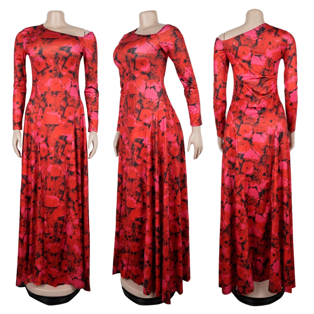 Sloping shoulder elasticity long dress pinched waist dress