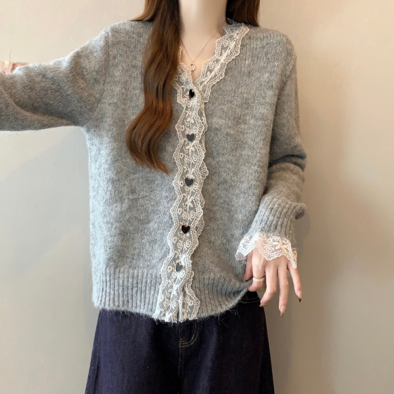 Fashion lace cardigan V-neck Korean style sweater