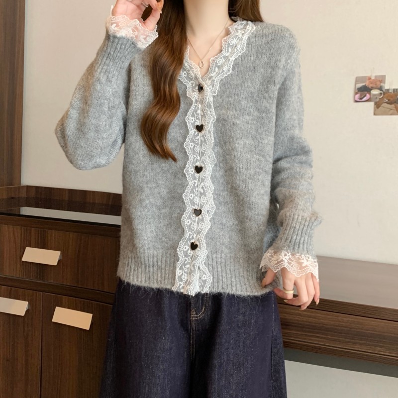 Fashion lace cardigan V-neck Korean style sweater