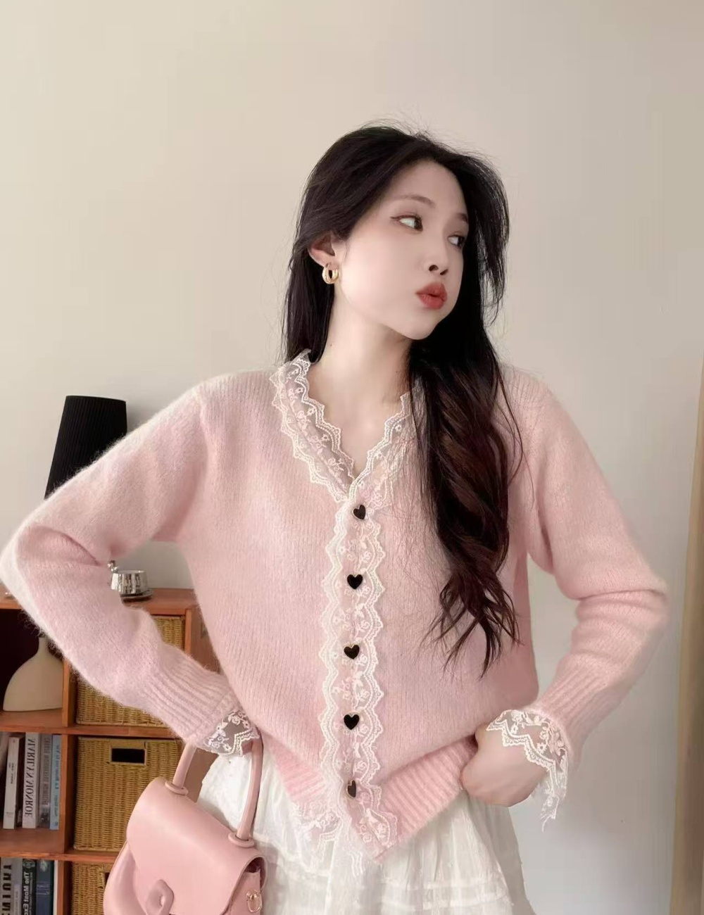 Fashion lace cardigan V-neck Korean style sweater