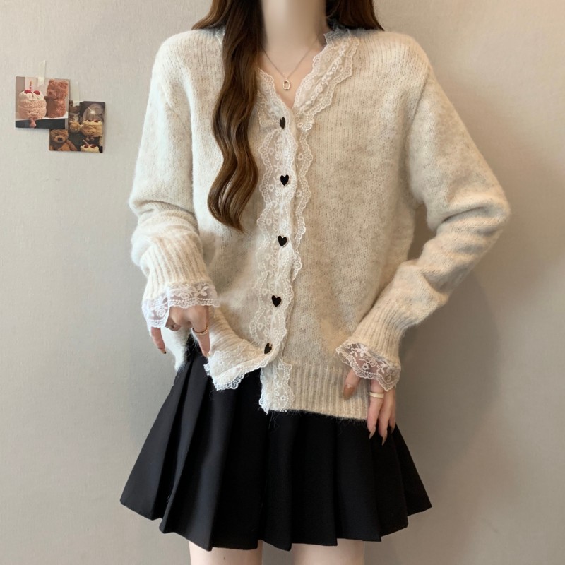 Fashion lace cardigan V-neck Korean style sweater