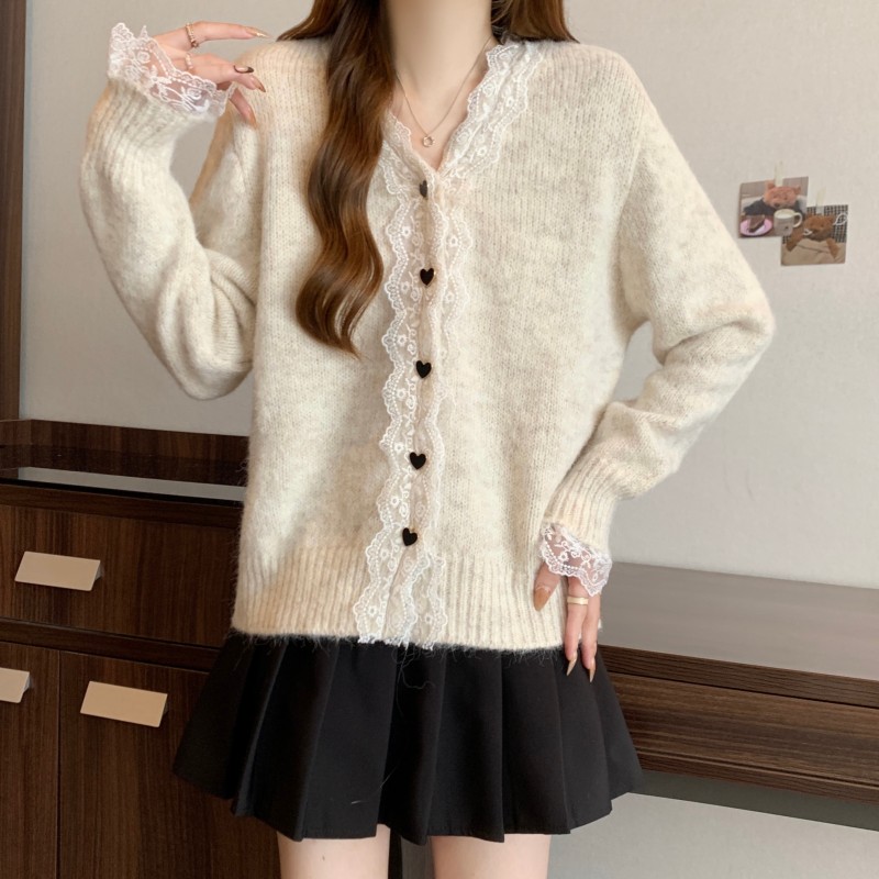 Fashion lace cardigan V-neck Korean style sweater