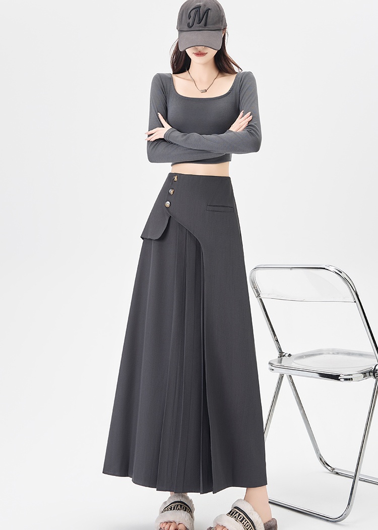 Autumn A-line slim business suit long gray pleated skirt