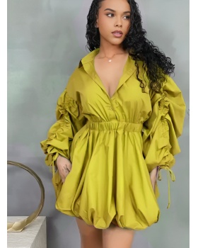 Casual drawstring sleeve shirt collar commuting sexy dress
