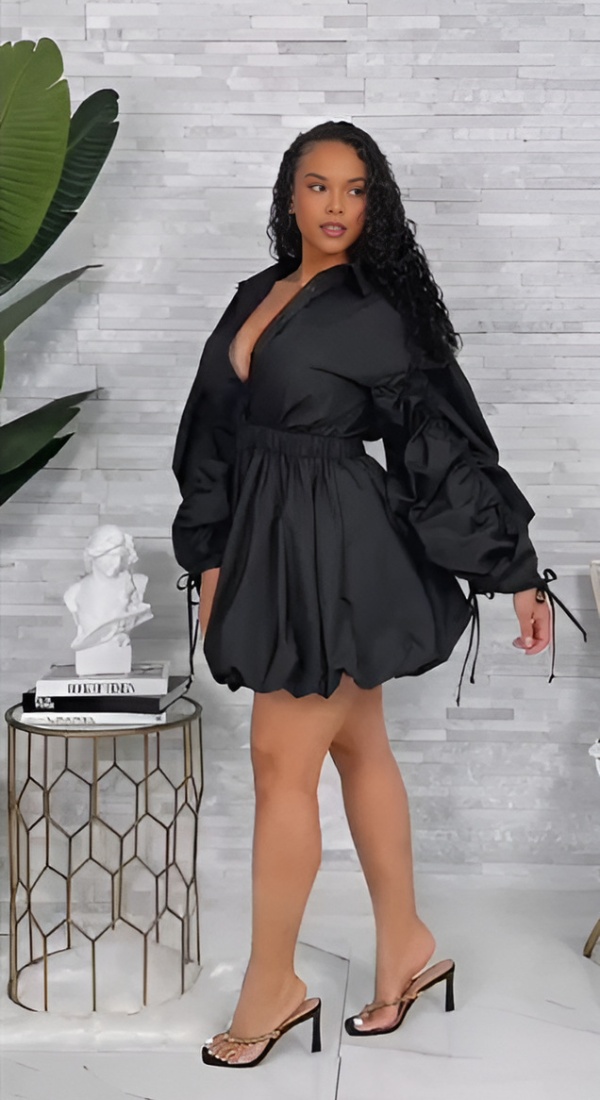 Casual drawstring sleeve shirt collar commuting sexy dress