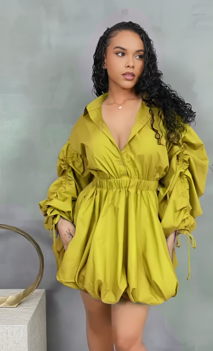 Casual drawstring sleeve shirt collar commuting sexy dress