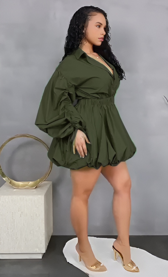 Casual drawstring sleeve shirt collar commuting sexy dress