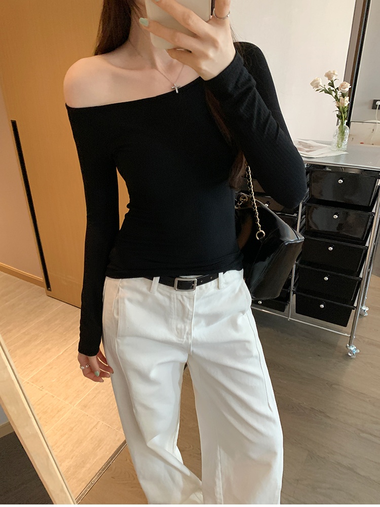 Sloping shoulder slim tops long sleeve T-shirt for women