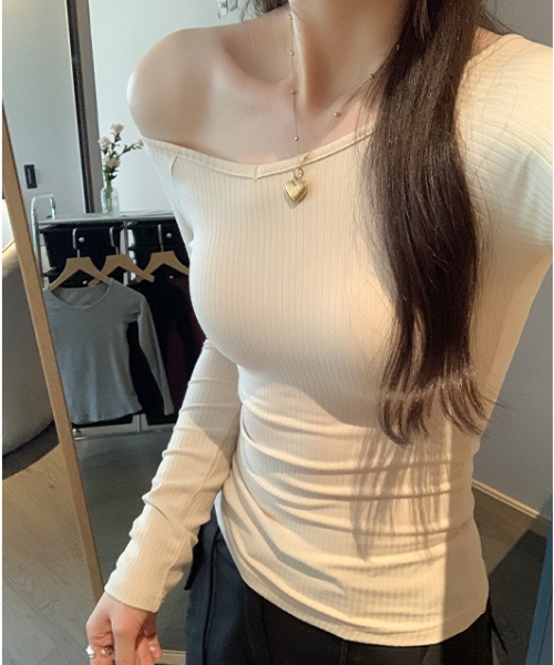 Sloping shoulder slim tops long sleeve T-shirt for women