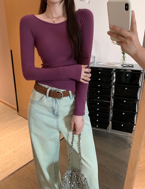 Sloping shoulder slim tops long sleeve T-shirt for women