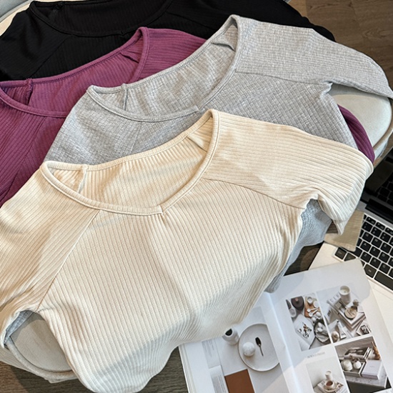 Sloping shoulder slim tops long sleeve T-shirt for women