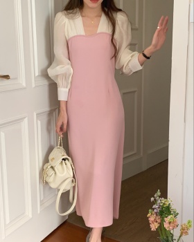 Long Pseudo-two mixed colors sleeve pinched waist dress