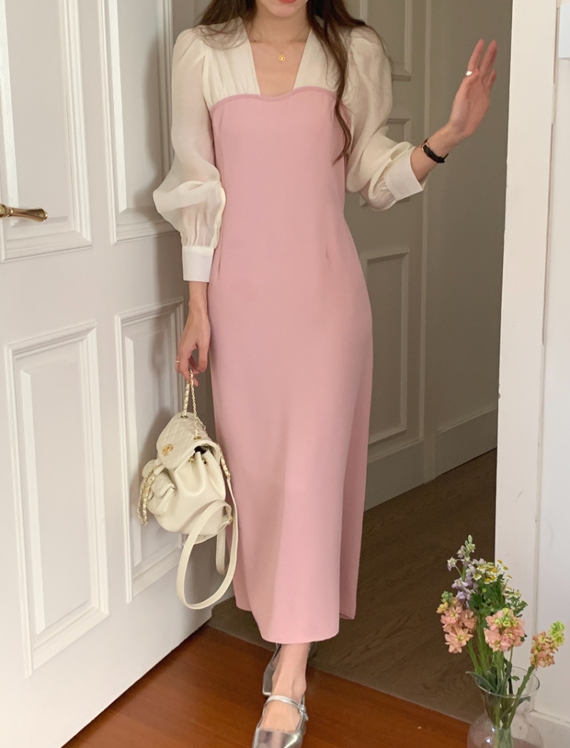 Long Pseudo-two mixed colors sleeve pinched waist dress