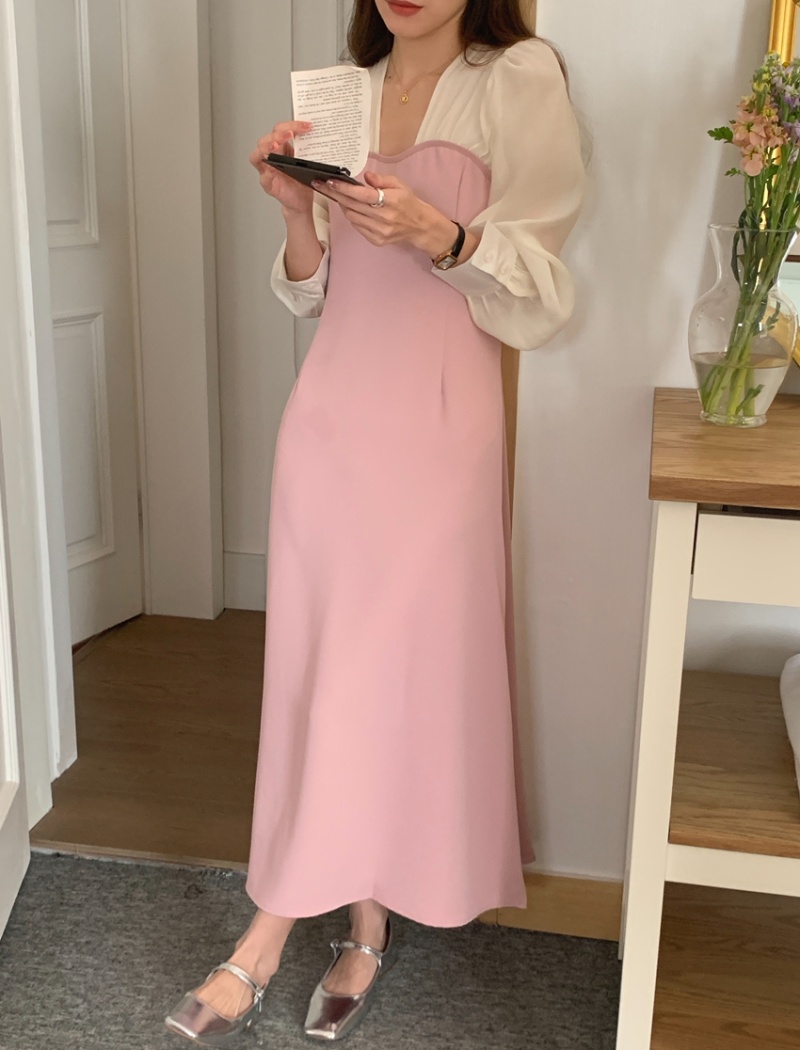 Long Pseudo-two mixed colors sleeve pinched waist dress
