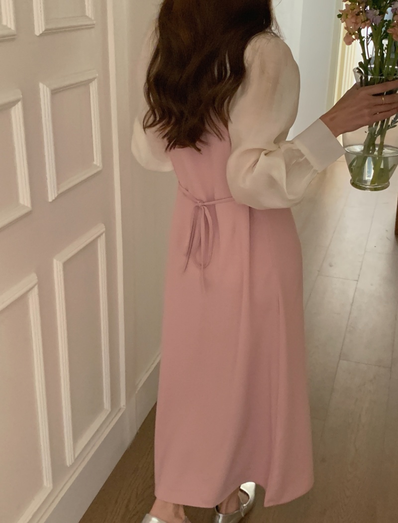 Long Pseudo-two mixed colors sleeve pinched waist dress