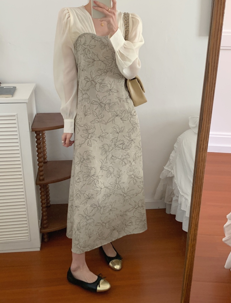 Long Pseudo-two mixed colors sleeve pinched waist dress