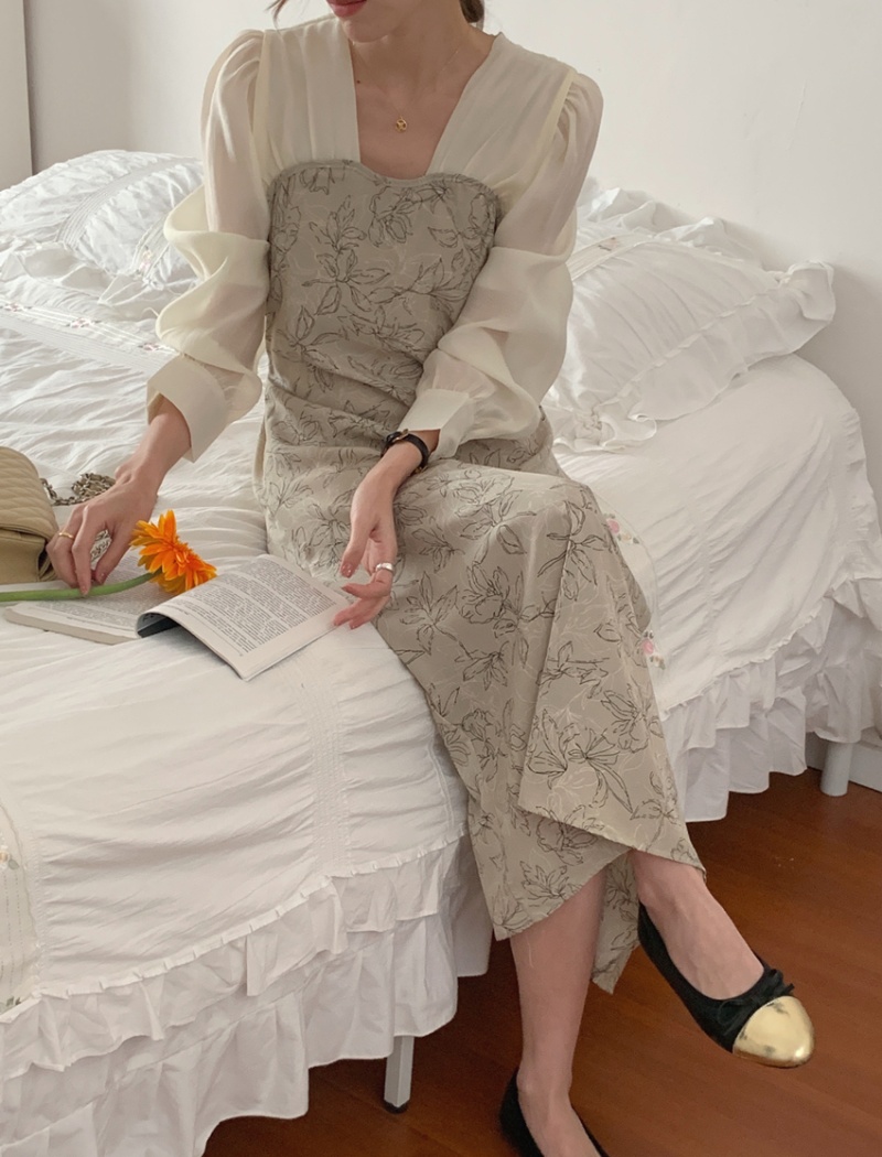 Long Pseudo-two mixed colors sleeve pinched waist dress