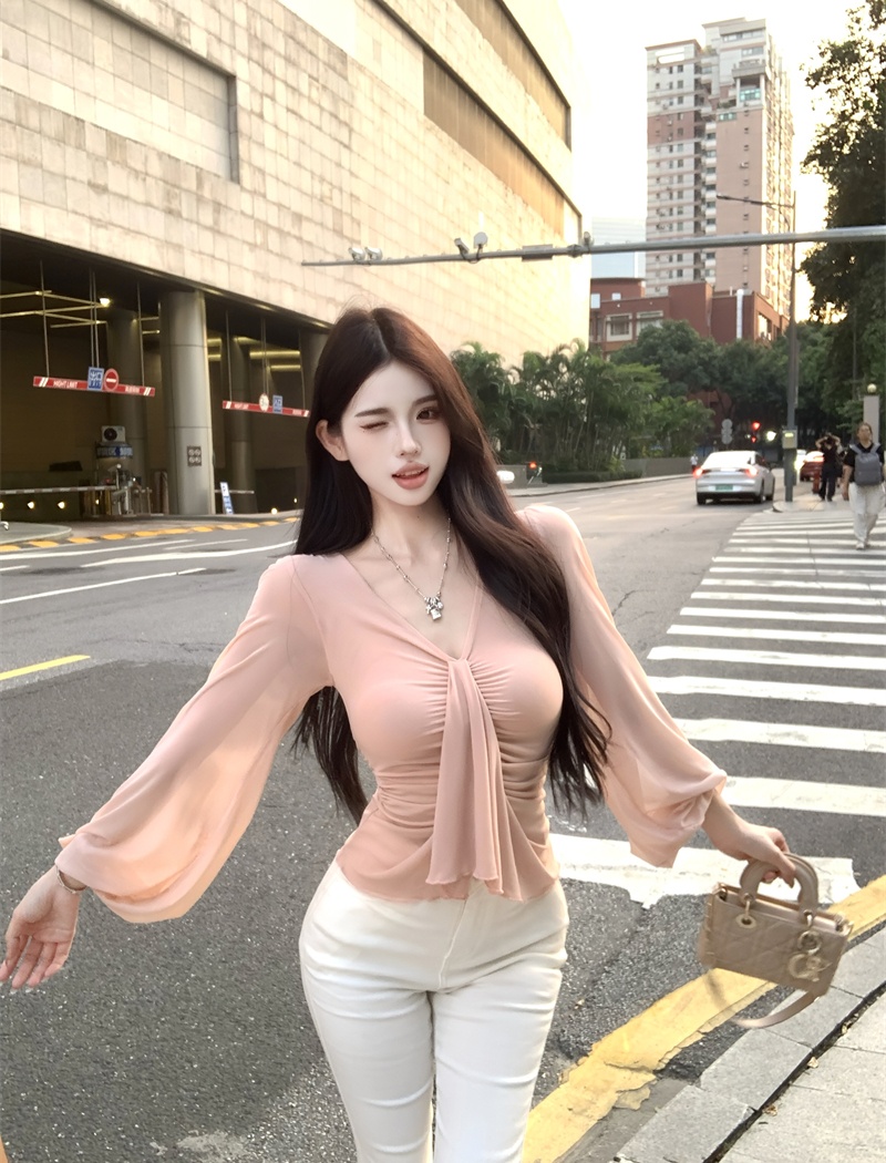 Long sleeve V-neck enticement T-shirt slim tender tops