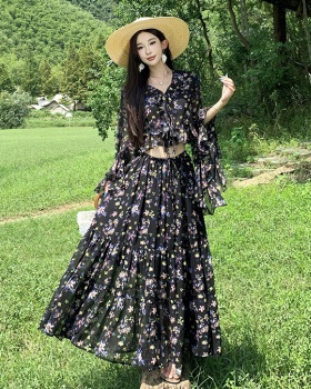 Long sleeve romantic maxi dress chiffon dress 2pcs set