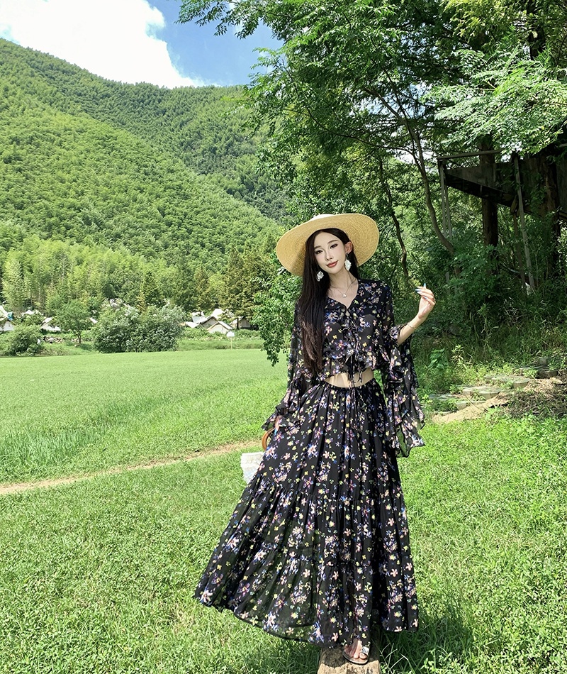 Long sleeve romantic maxi dress chiffon dress 2pcs set