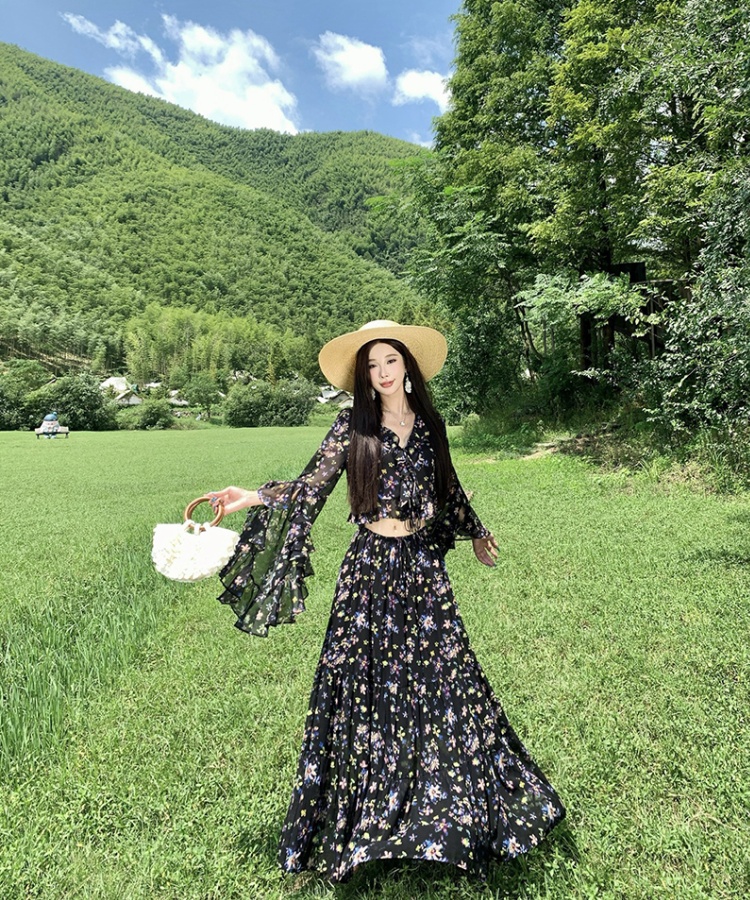 Long sleeve romantic maxi dress chiffon dress 2pcs set