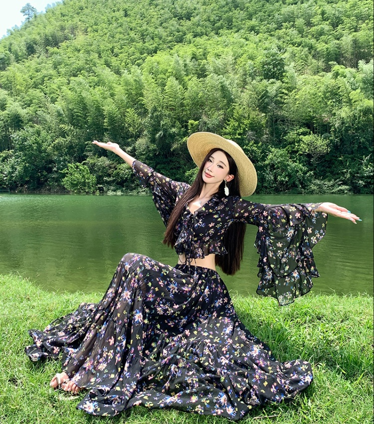 Long sleeve romantic maxi dress chiffon dress 2pcs set