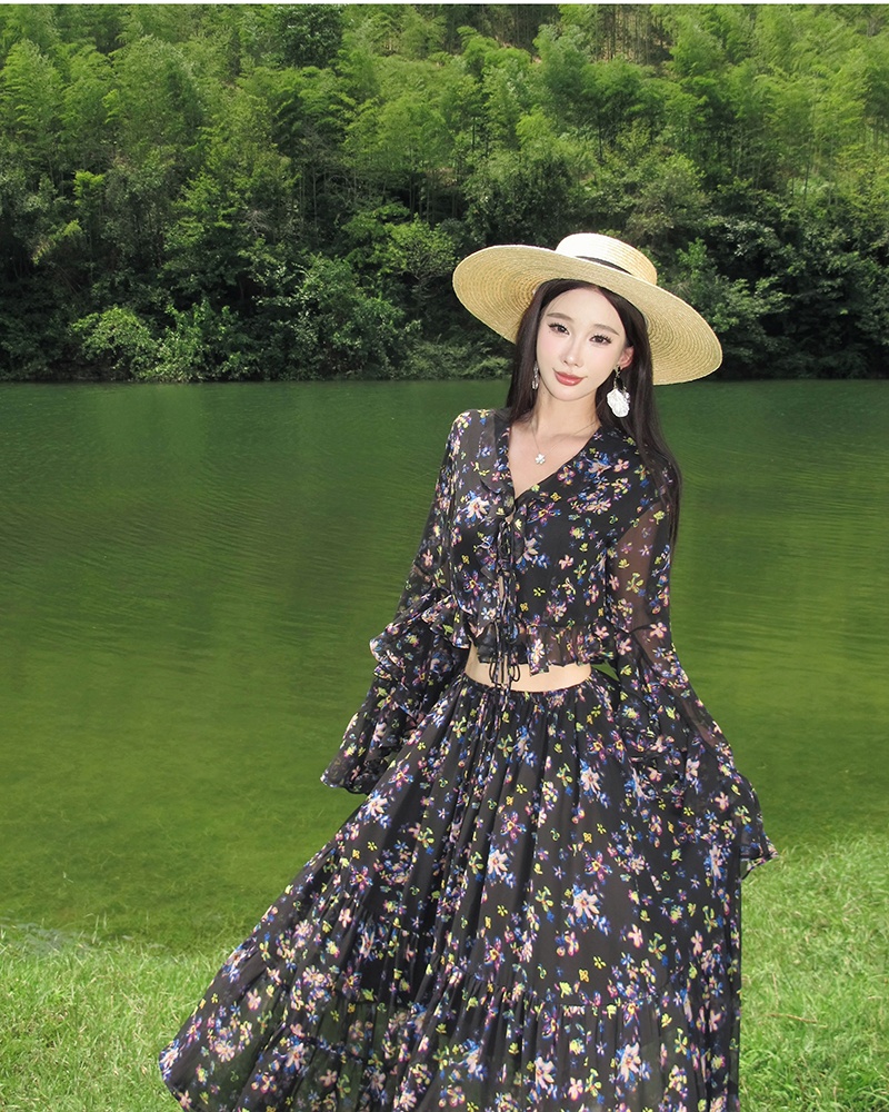 Long sleeve romantic maxi dress chiffon dress 2pcs set