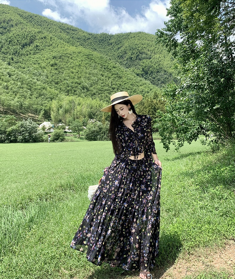 Long sleeve romantic maxi dress chiffon dress 2pcs set