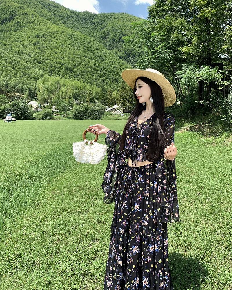 Long sleeve romantic maxi dress chiffon dress 2pcs set
