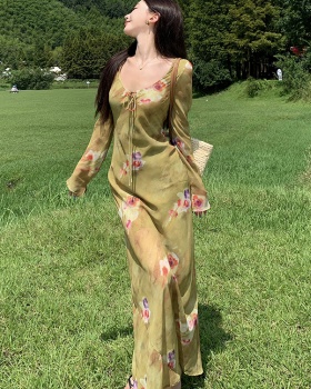 V-neck elegant floral long dress France style retro dress