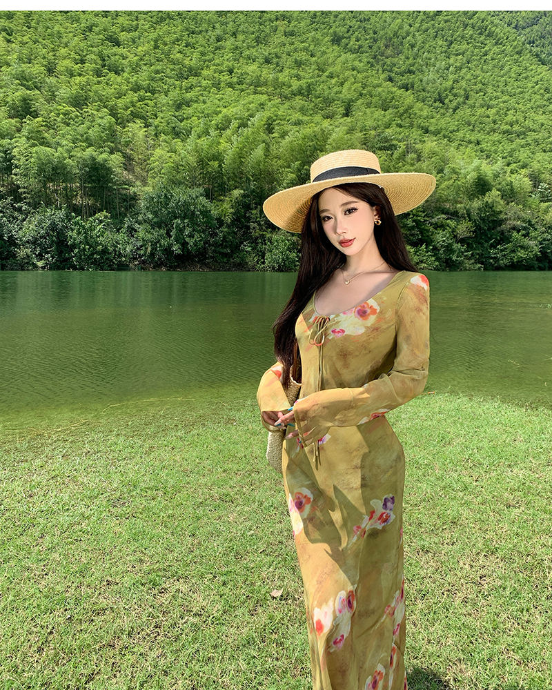 V-neck elegant floral long dress France style retro dress