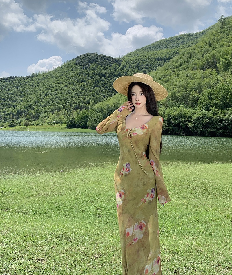 V-neck elegant floral long dress France style retro dress